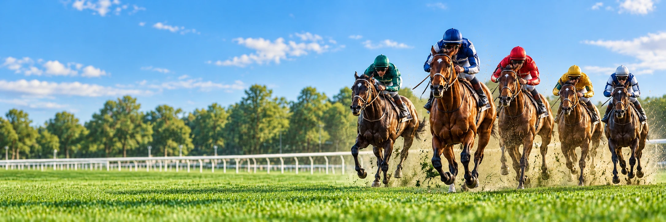 Cinq cavaliers et leurs chevaux sur une piste ensoleillée